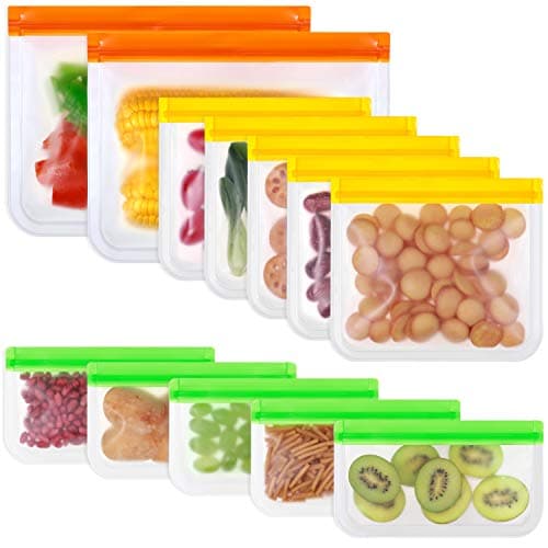 Reusable Storage Bags, Funbiz 12 Pack Freezer Bags (6 Leakproof Reusable Sandwich Bags + 6 Thick Reusable Snack Bags) BPA Free Reusable Plastic Bags for Food Storage Travel Makeup