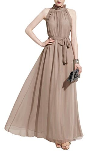 HaoMing Summer Halter Neck Sleeveless Evening Ball Gown Chiffon Maxi Dress Khaki
