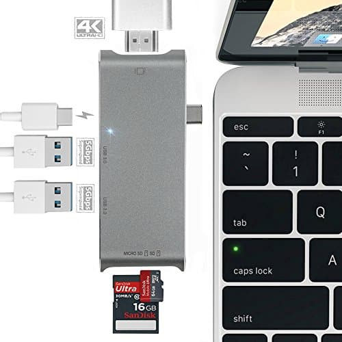 USB C Hub, SUPVIN USB Type C Adapter 3.1 with Type C Charging Port, 4K HDMI Output, Card Reader, 2 USB 3.0 Ports for MacBook Pro 2017/2016, Google Chromebook 2016 and more USB C Devices (Space Grey)