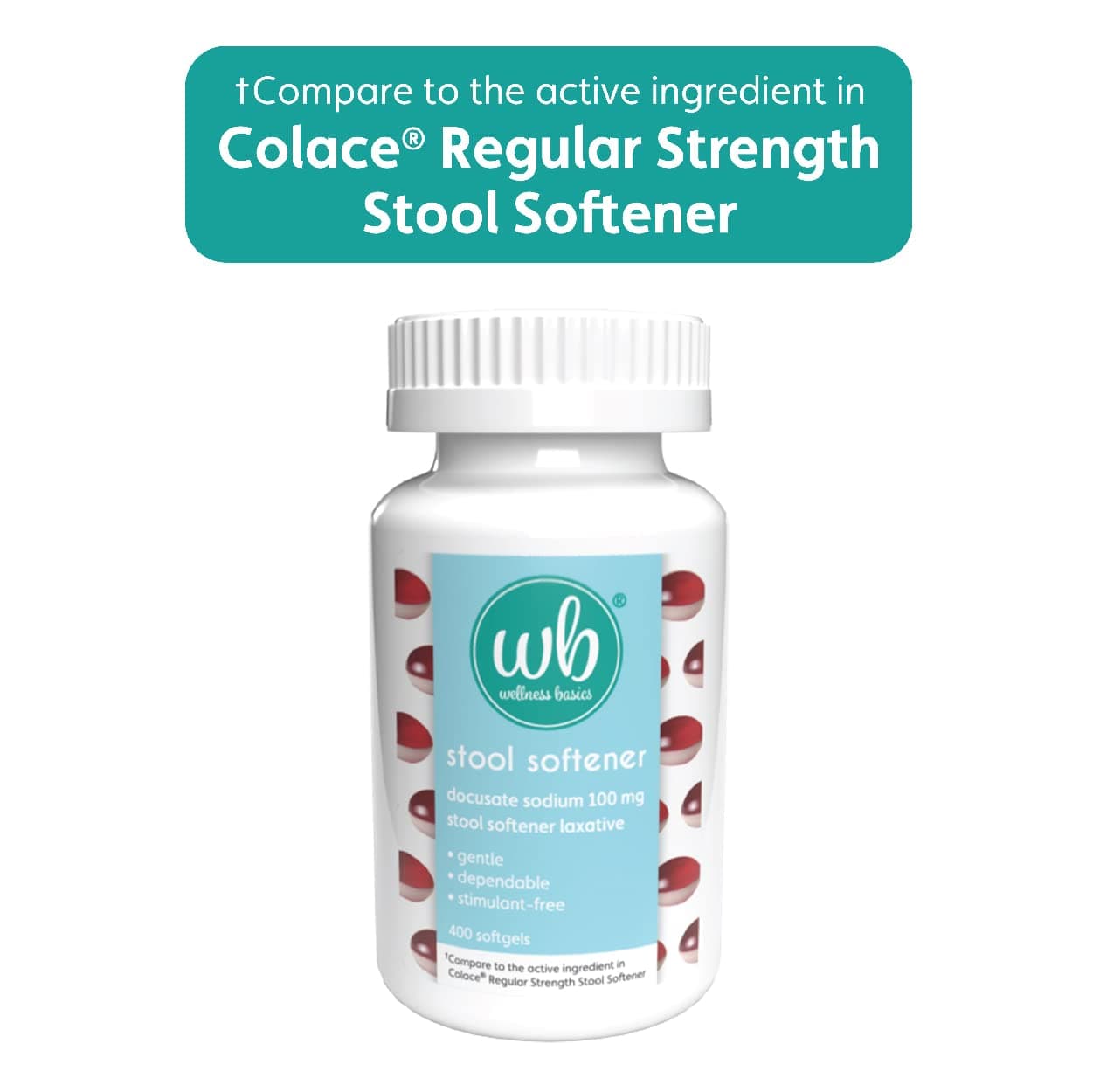 Wellness Basics - Stool Softener with Docusate Sodium (100mg - 400 Count) Two-Tone Softgel - Stimulant Laxative - Gentle Constipation Relief