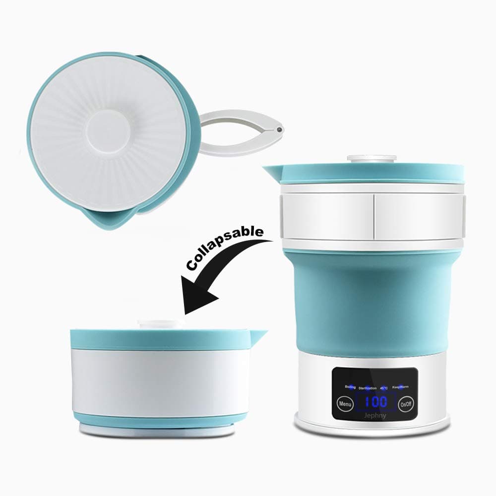 Travel Foldable Electric Kettle - LED Display- Food Grade Silicone, Collapses for Easy & Convenient Storage Blue (100-120V)