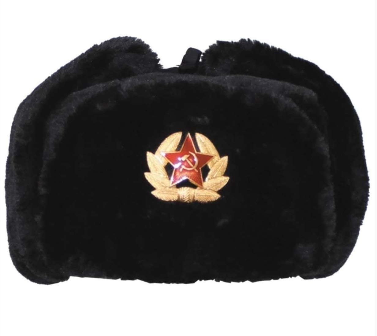 Ushanka Russian Military Hat with Ear Flaps and Soviet Badge, Trapper Ski Hat for Winter