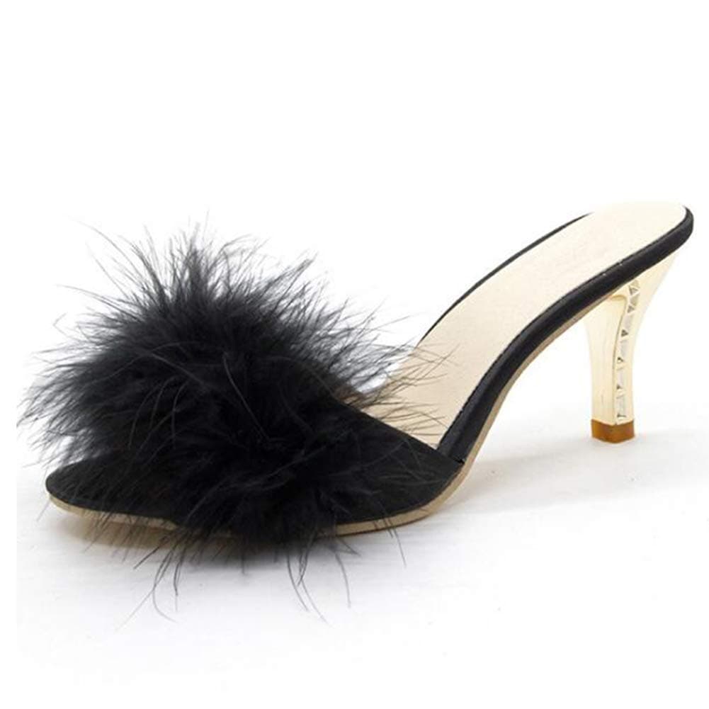 COVOYYAR Women's Feather Thin High Heels Peep Toe Fur Slippers Mules Lady Pumps Slides