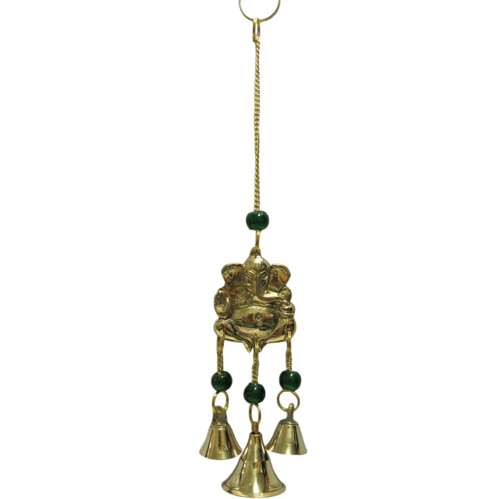 Rajasthan Cottage 9" Brass Ganesh Yoga Good Luck 3 Bell Home and Garden Wall Hanging Wind Chime/w Glass Beads