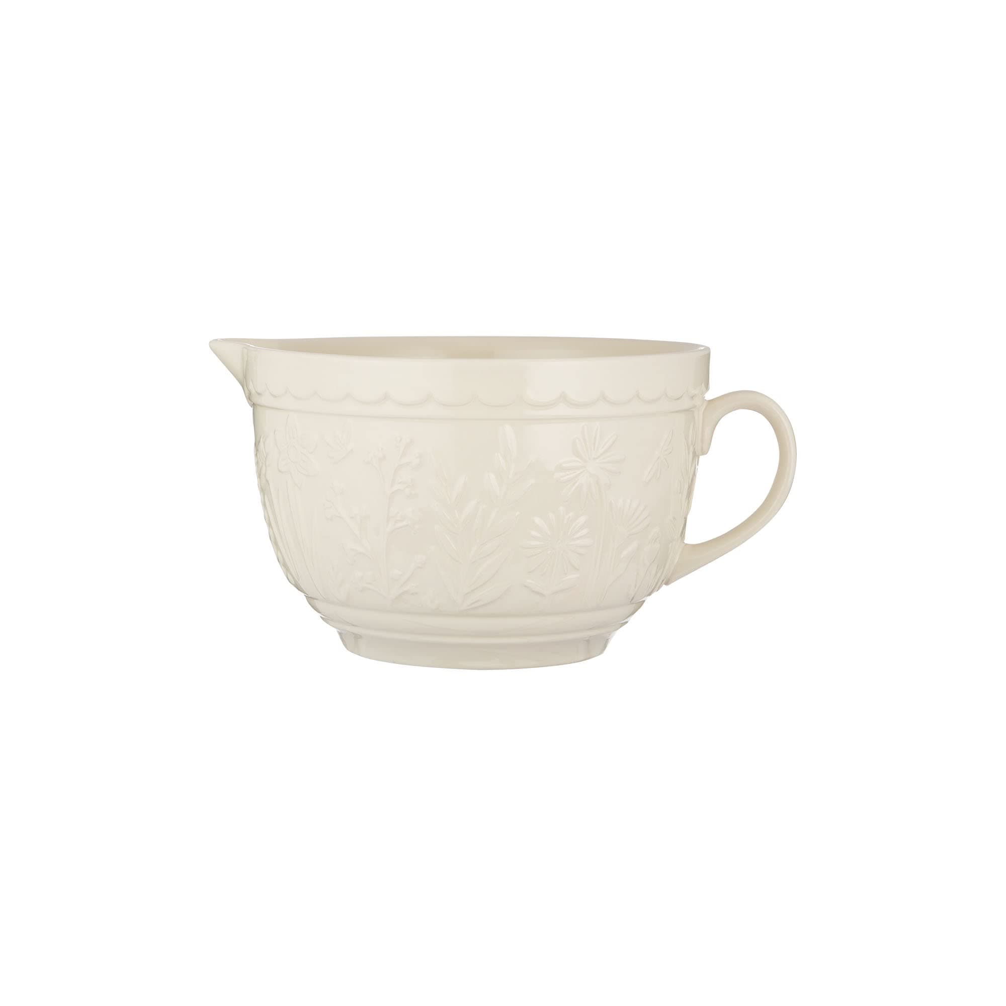 in The Meadow Batter Bowl 1.9L | Stoneware Mixing Bowl with Handle & Pouring Lip in Embossed Floral Design – Ideal for Whisking, Mixing & Pouring | Dishwasher Safe