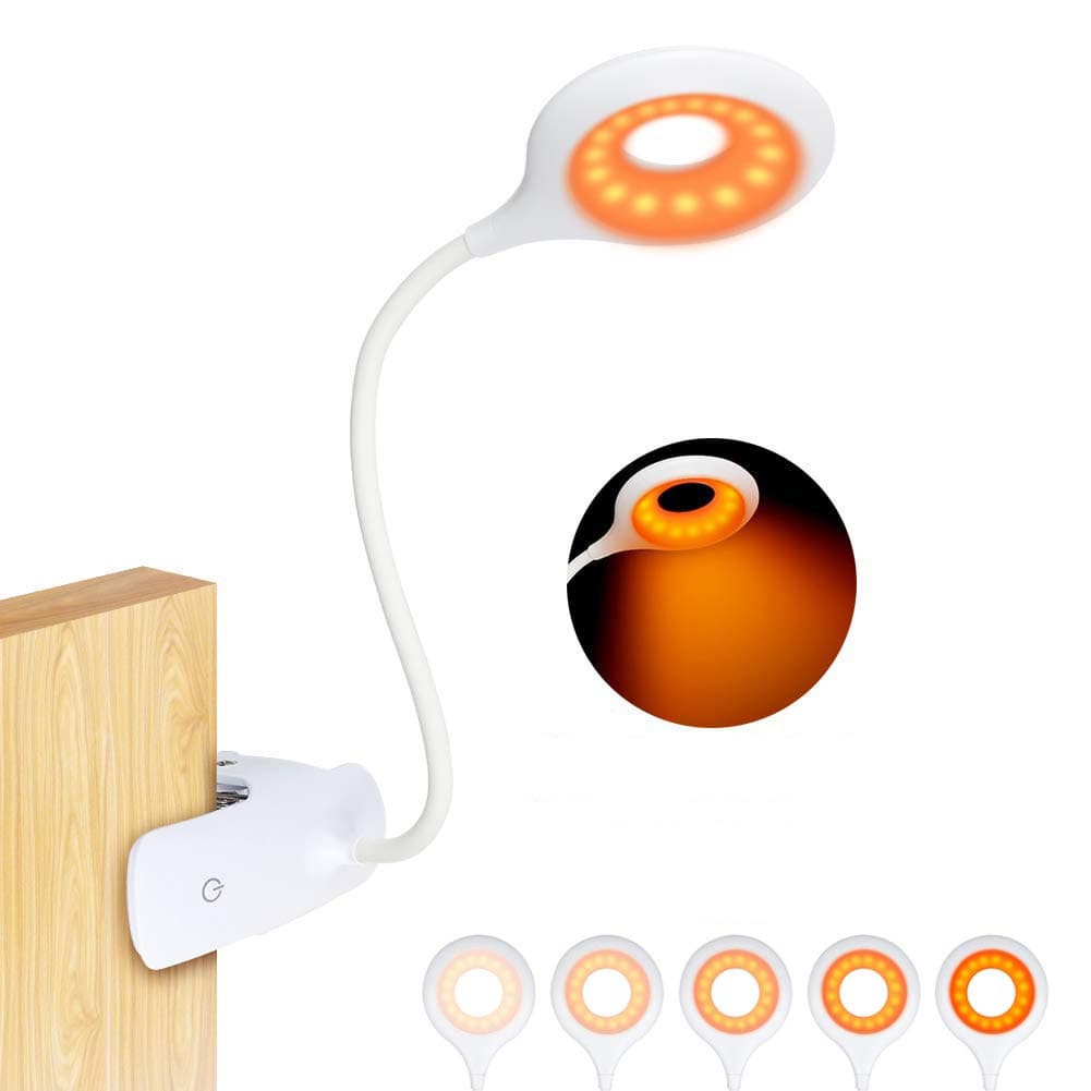 flowlamp Clip On Reading Light for Bed Headboard, Rechargeable 16 LED Amber Book Light, 5 Brightness Desk Light Clamp Lamp, Touch Control Dimmable Reading Lamp with Flexible Neck, Night Light (White)