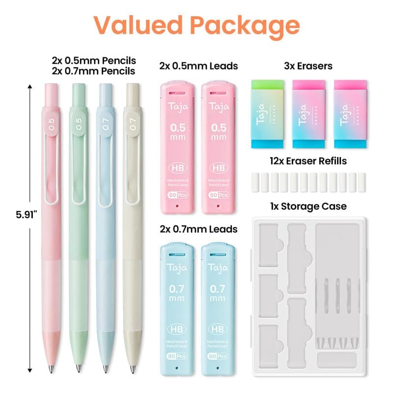 Taja Cute Mechanical Pencil Set, 4 Pcs Pastel Mechanical Pencils 0.7 & 0.5mm with 4 Tube Leads Refills, 3 Erases & 1 Box Eraser Refills, Aesthetic pencils for student, Back to School Supplies-Pastel