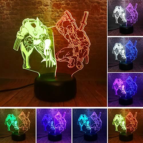 Movie Collection Mix-Color 3D Wolverine Deadpool Optical Illusion Sleeping Night Light Multi Colors USB Powered Remote Control Lamp Room Office Household Decoration Boys Son Gif (Wolverine & Deadpool)