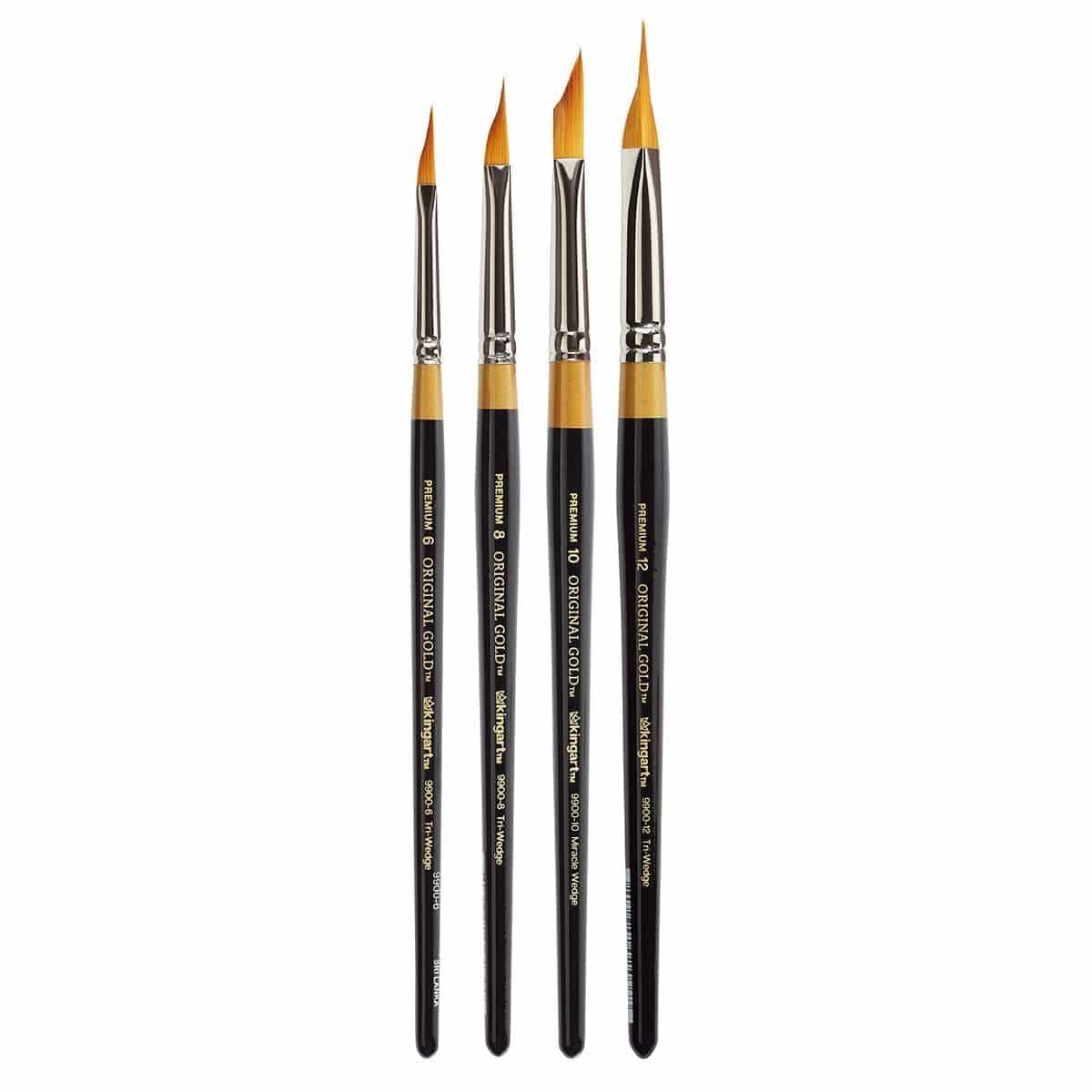 KINGART Premium 4 pc. Original Gold 9900 Series Miracle Wedge Artist Brush Set, Synthetic Golden Taklon Hair for Acrylic, Oil, Watercolor and Gouache Paint, Short Handle, 4 Sizes: 6, 8, 10, 12