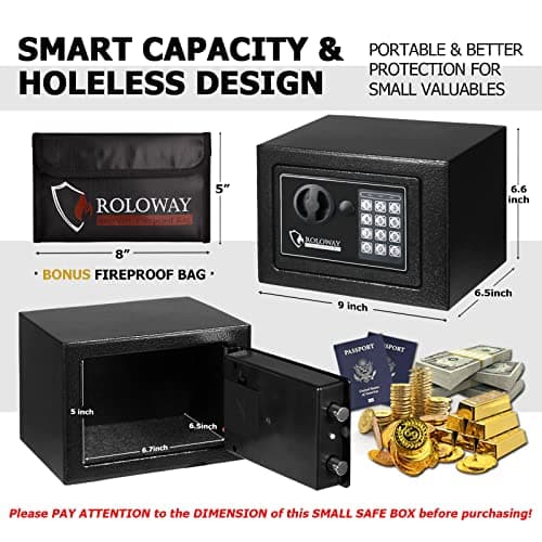 ROLOWAY Steel Money Safe Box for Home with Fireproof Money Bag for Cash Hidden, Security Safe Box with Keys and Keypad (Black)