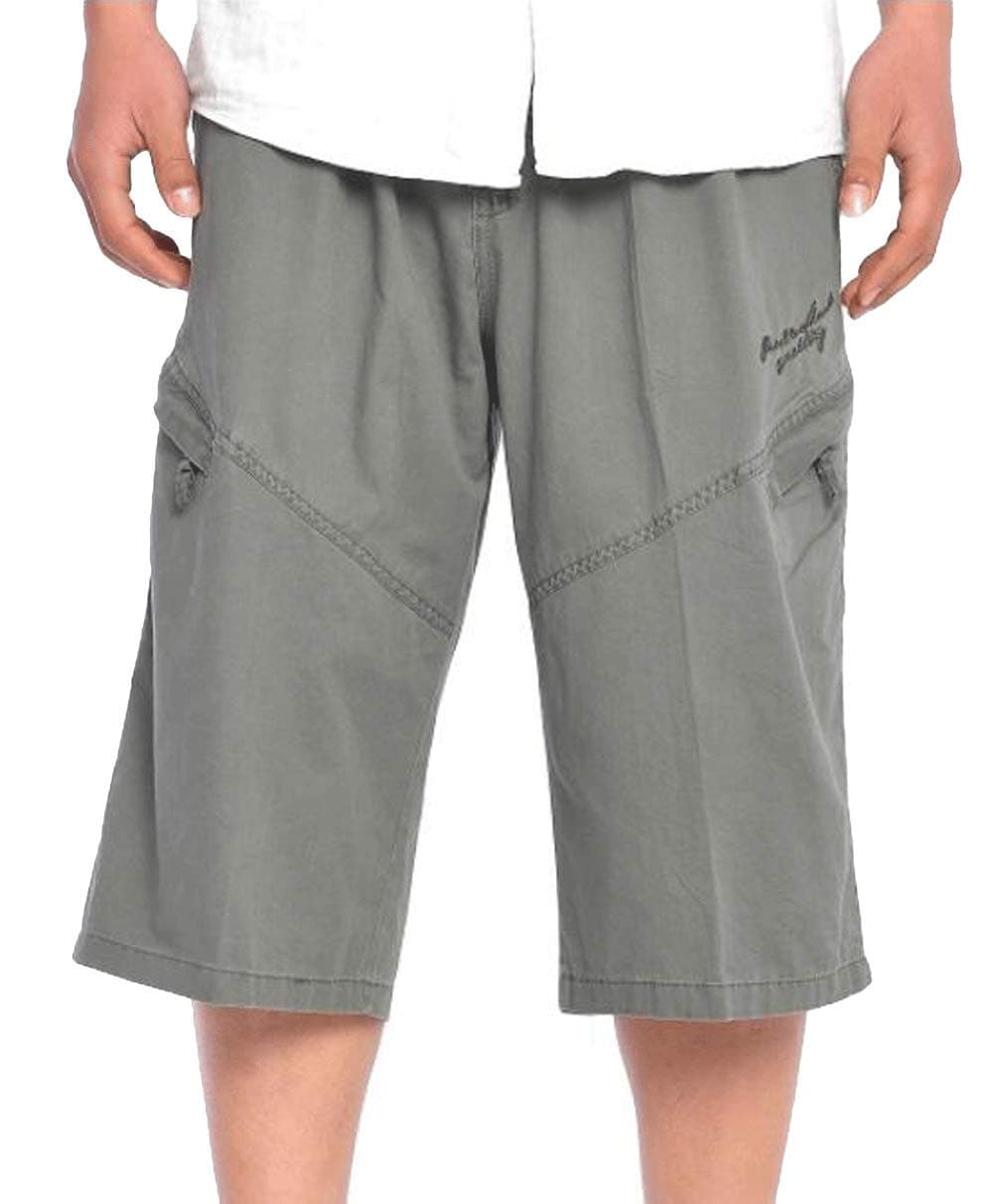 Mens Below Knee 3/4 Long Cargo Shorts Elastic Relaxed Fit Cotton Casual Twill Capri Pant
