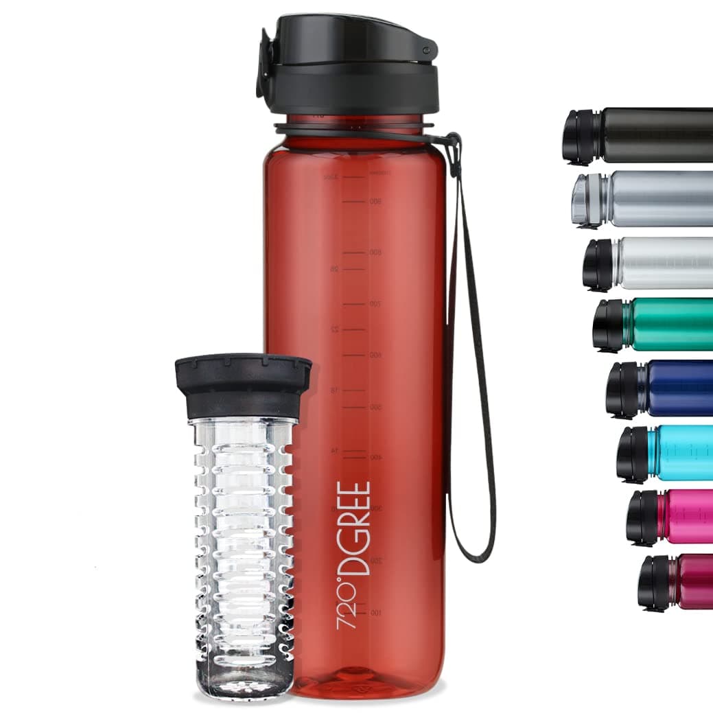 720°DGREE Sipper Water Bottle 1 litre with Fruit Infuser | BPA, BPS Free | Tritan | For Adults & Kids | For Sports, Gym, Office, Workout | Crystal Clear Imperial Red