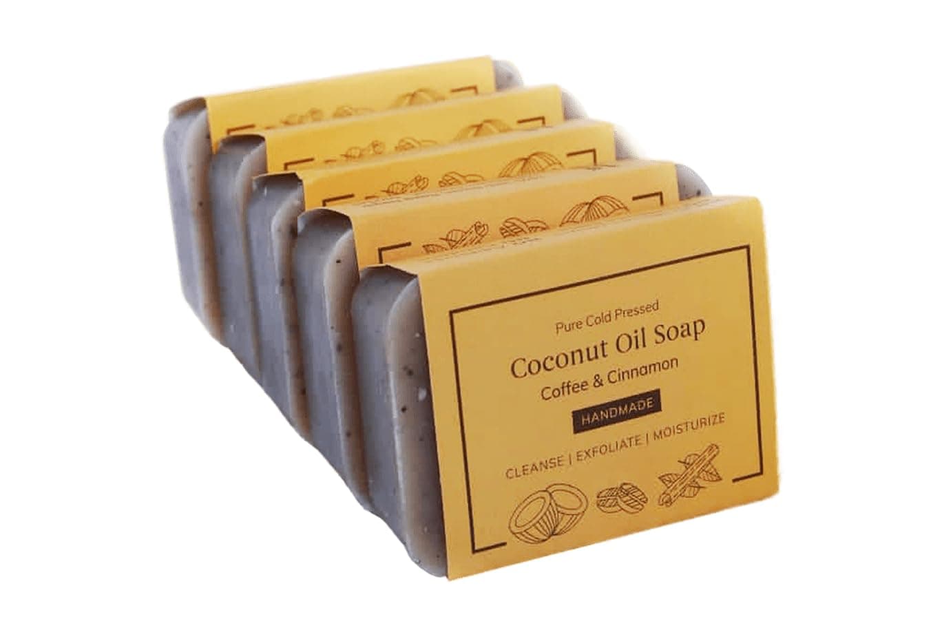 Handcrafted Cold Pressed Coconut Oil Soap With Exfoliating Organic Arabica Coffee & Cinnamon Essential Oil (60 x 5 = 300 g) Pack of 5