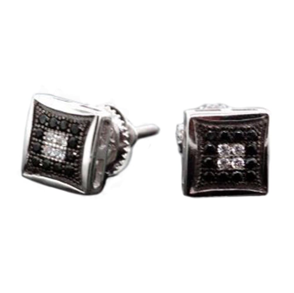 .925 Sterling Silver White Square White & Black Onyx Crystal Micro Pave Unisex Mens Stud Earrings