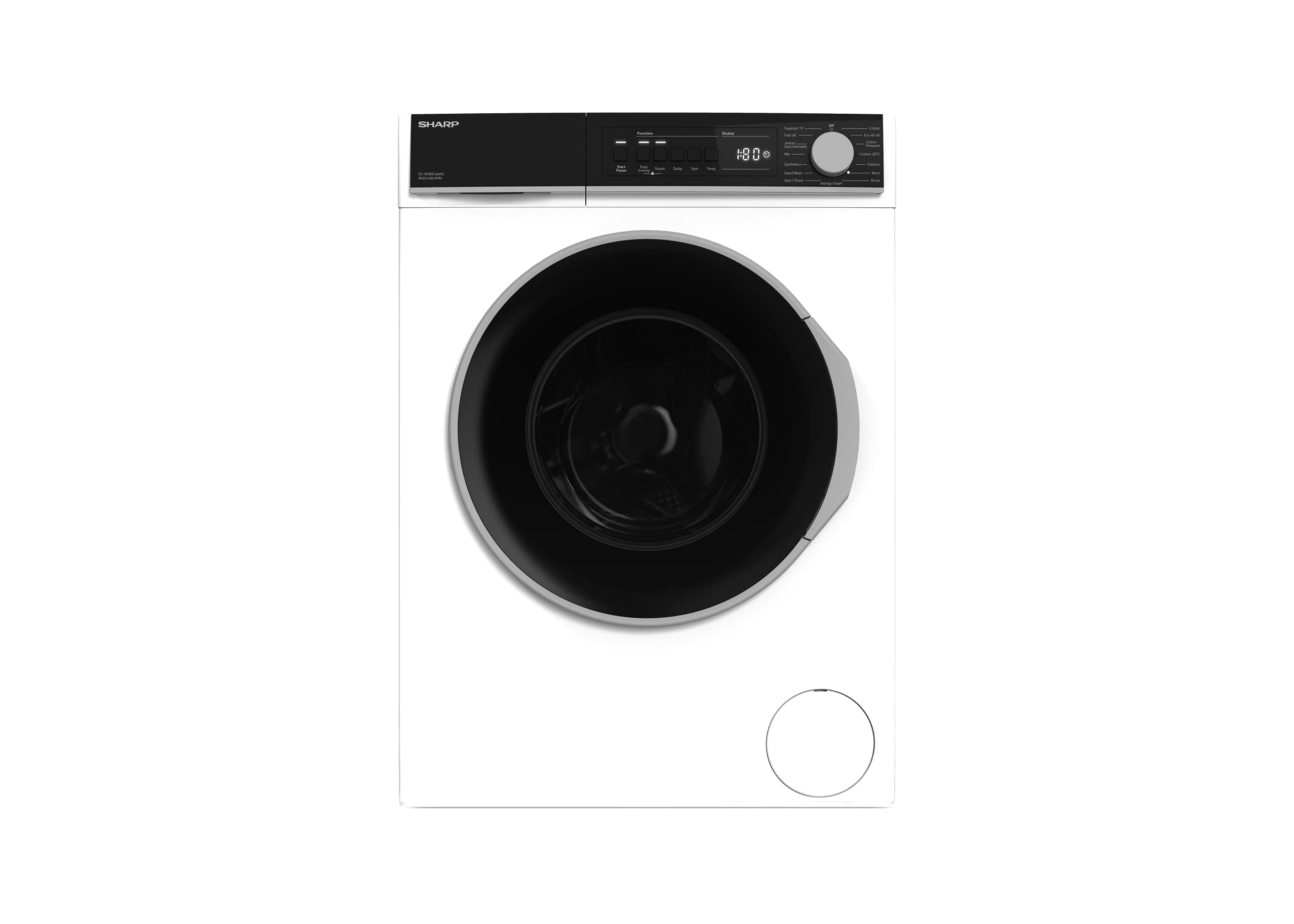 Sharp, ES-NFB814AWC-EN, Freestanding, Washing Machine, Inverted Motor, 15 minute Rapid wash, Steam, 8 kg Washer, 1400 rpm Spin, White Colour