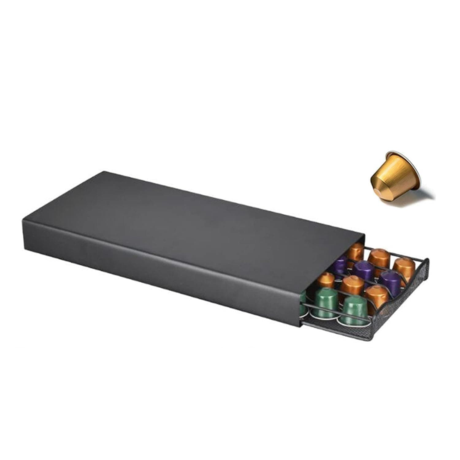 Honexa Coffee Capsule Holder with Mesh Compartments with Drawer, 40 Stackable Capsules Holder for Coffee Pod Storage | 37.5 x 17.5 x 5 cm | Black