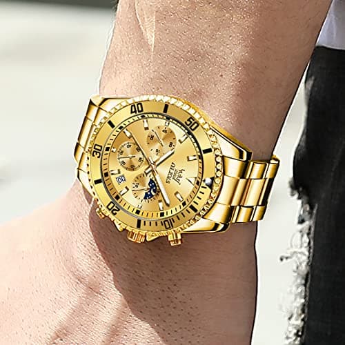 OLEVS Diamond Watches for Men,Business Dress Watch Waterproof Luminous,Male Golden Big Dial Luxury Casual Quartz Analog Watches with Day Date Calendar and Stainless Steel Band