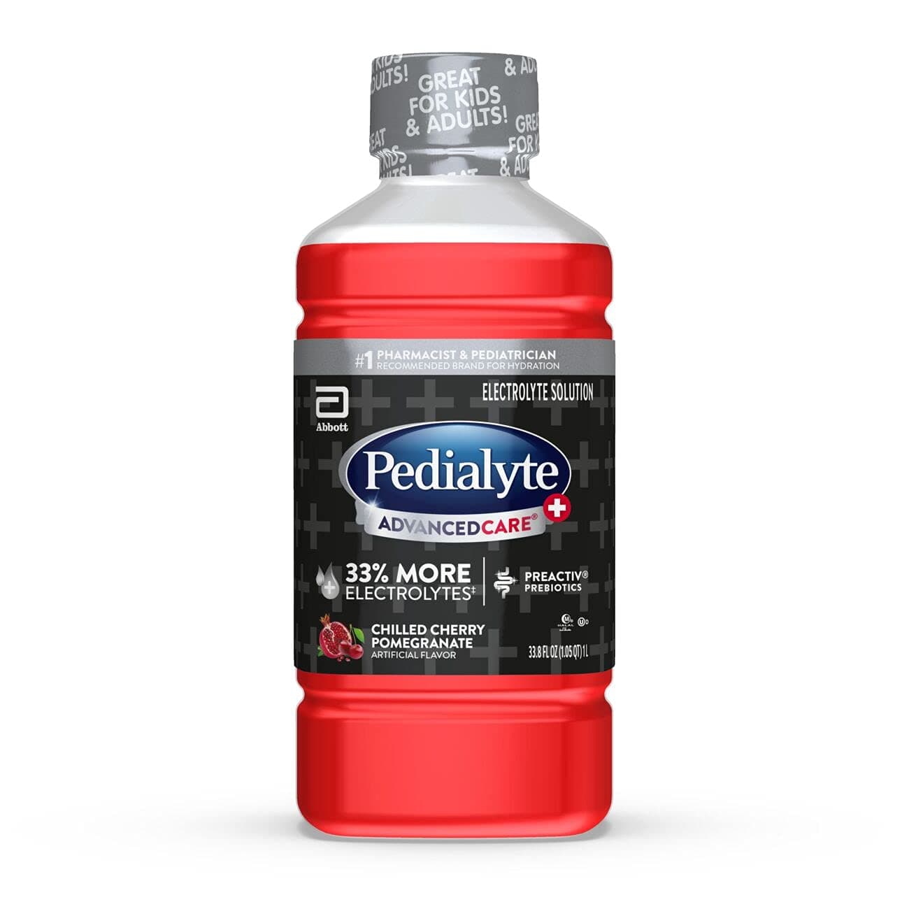 AdvancedCare Plus Electrolyte Hydration Drink, Has 33% More Electrolytes and Has PreActiv Prebiotics, Chilled Cherry Pomegranate, 1 Liter