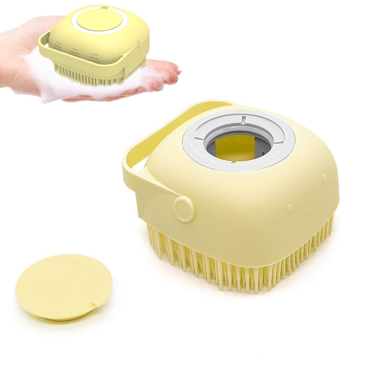 Silicone Bath Body Shower Brush with Soap Dispenser Ultra Soft Exfoliating Body Scrub Brush Massage Shampoo Body Wash Brush for Baby Women Men (Yellow)