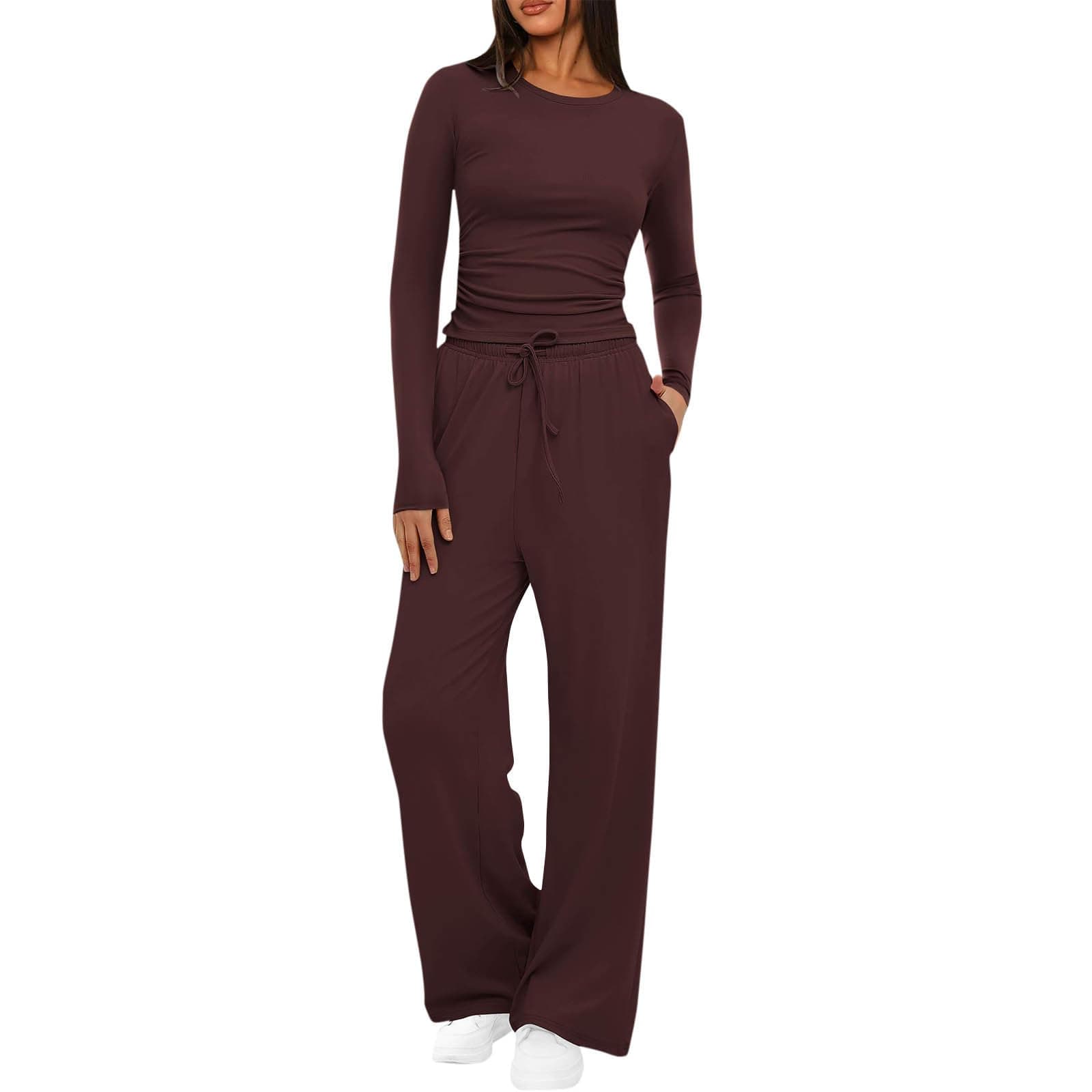 Ladies Tracksuit Sets - Long Sleeve Lounge Sets for Women - Skims Duped Travel Outfits - Wide Leg Pants - Fall Y2K Streetwear - Wine