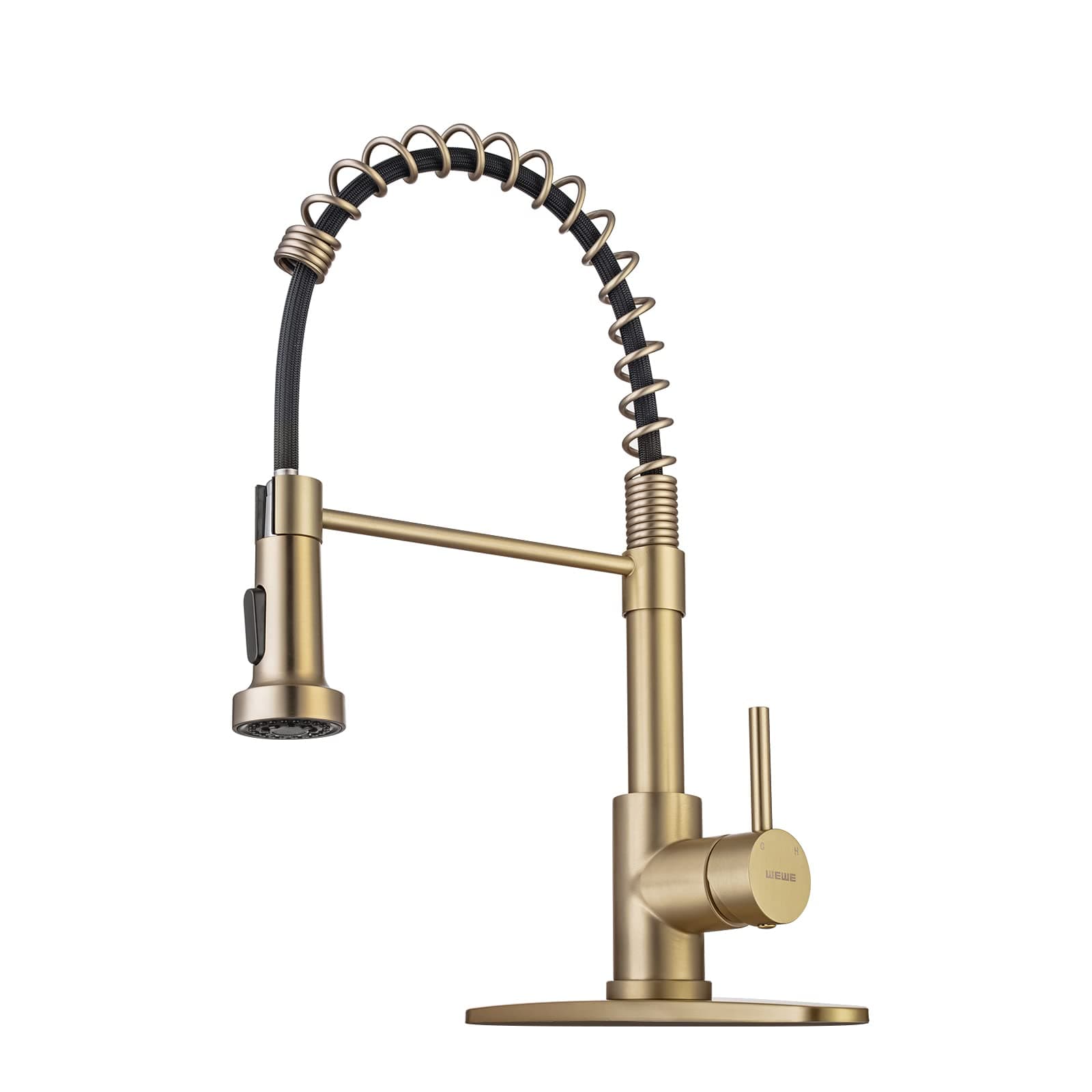 WEWE Brushed Gold Kitchen Faucet with Pull Down Sprayer, RV Brass Kitchen Faucet Stainless Steel Single Handle Spring Faucet with Deck Plate for Farmhouse Utility bar Laundry Sinks