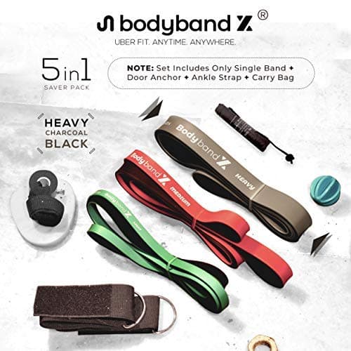 BodybandX Pull Up Assist Bands, Heavy Resistance Band For Men/Women, Exercise/Workout Bands 5 in1 Set, eBook, Door Anchor, Ankle Strap & Bag (Single Unit) (Charcoal Black (45-145 lbs) Single Band Set)