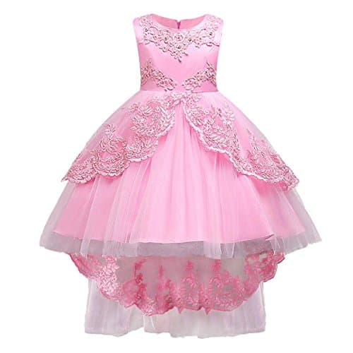 HUAANIUE Girls Pageant Party Dresses High Low Wedding Flower Girl Gowns Pink 6-7 Years