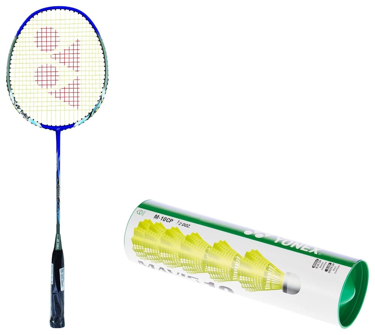 YONEX Nanoray 7000I G4-2U Aluminum Badminton Racquet with Full Cover (Blue) & Yonex Mavis 10 Nylon Shuttlecock, Yellow, Pack of 6 | Made in Japan (Green Cap)