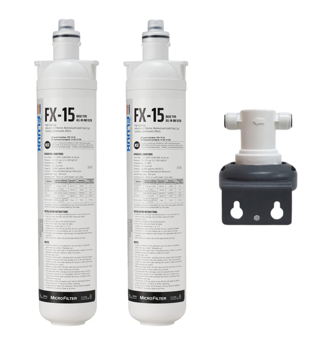 FLUUX FX-15 Under Sink Water Filter System, NSF/ANSI 42 & 53 Certified, Commercial Water Filter 16K Gallons 2PACK