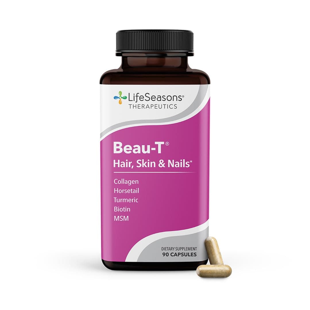 - LifeSeasons Beau-T - Hair, Nail & Skincare Supplement - Promotes Healthy Hair and Nail Growth - Support Clear Skin & Fights Acne - Nail Strengthener - Contains Biotin Collagen Turmeric - 90 Capsules