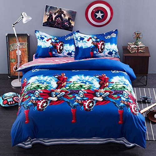 EVDAY 3D Marvel Boys Bedding Set 100% Cotton Captain America Bedding for Kids Including 1Duvet Cover,1Flat Sheet,2Pillowcases Queen Full Twin Size