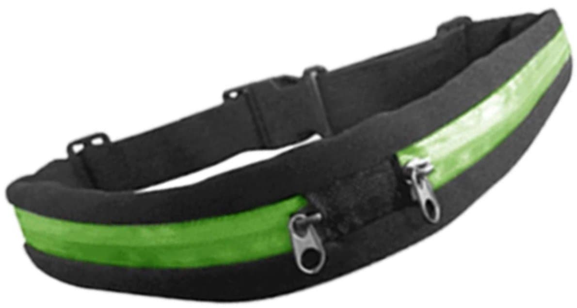 Life Satisfaction Running Fanny Pack with Two Expandable Pockets, Stores a Smartphone Up to 2.6 Inches Wide Plus Other Valuables; Adjustable from 28.5 to 49 Inches, to Fit Men or Women; Green Zipper