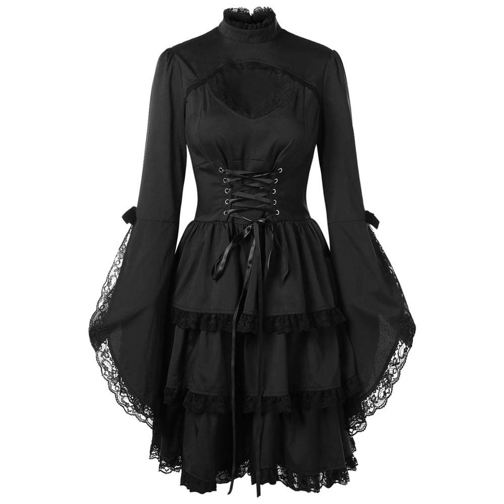 Venfamo DressesWomen's Dresses, Venfamo Flare Sleeve Lace Patchwork Gothic Lolita Little Black Dress