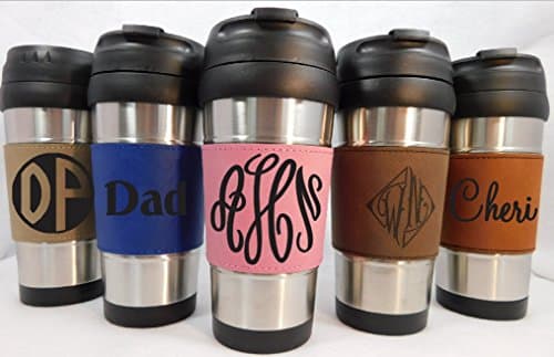 Custom Personalize Stainless Travel Mug with Engraved Leather Grip (Rust Grip)