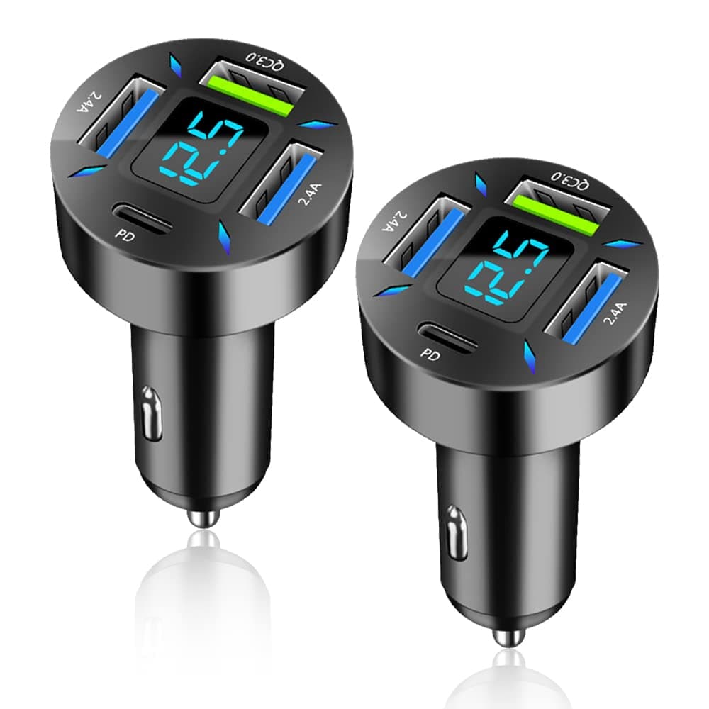 Car Charger 66W Super Fast Charging with USB C&QC 3.0(Voltmeter&LED Lights) Universal Quick Charge for 12-24V Car Cigarette Lighter Plug,Compatible with iPhone 14 13,S22,iPad(2Pcs-Black-QC/PD/2.4A)