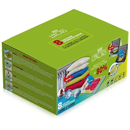 lekors - 8 Vacuum Storage Bags for Clothes - 4 Jumbo Space Bags and 4 Large Vacuum Seal Bags for Clothing - up to 80 Percent Compression - with Travel Hand Pump