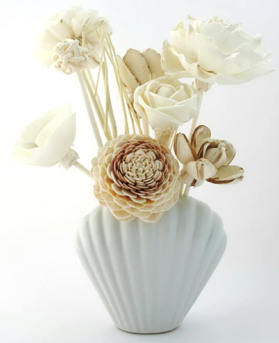 Fulllight Set of Natural Material Sesbania Pine and Hyacinth Wood Flower Diffuser 8 Pieces, 20 Reed Diffuser Rattan and 20 Grams Sesame Wood & Handmade Ceramic vases for Aroma diffused (FL09)