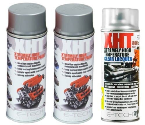 E-Tech 400ml XHT VHT Very High Temperature Paint 2 x SILVER 1 XHT Clear Lacquer for Car Engine Block Exhaust Metal Surface