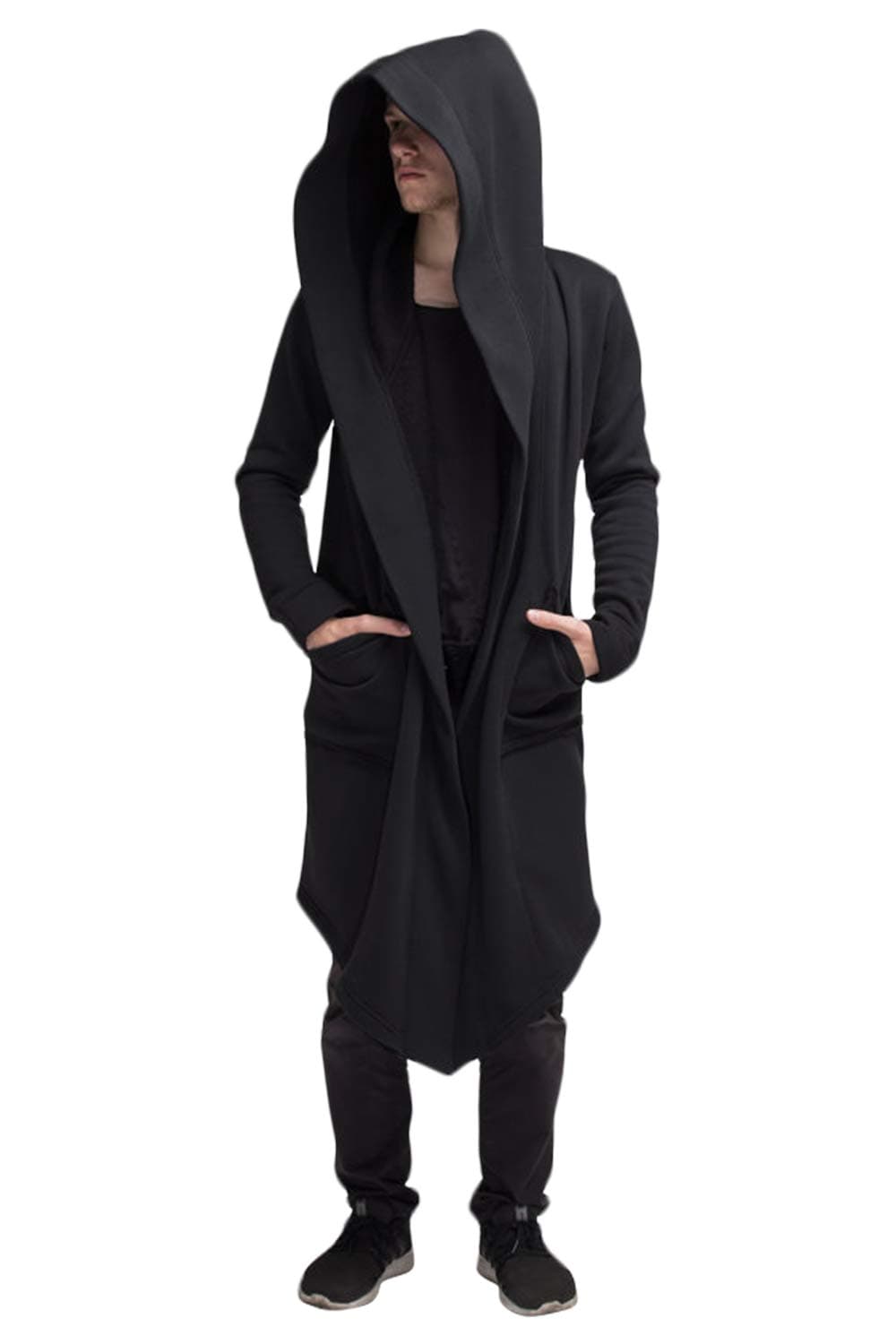 Black Cardigan Mens Cardigan Long Hooded Cardigan for Men Cape Coat Loose Jacket Overcoat Hip Hop Urban Hoodie (Black, Medium)