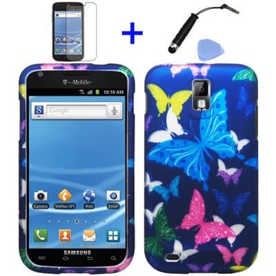 (4 items Combo: Stylus Pen, Screen Protector Film, Case Opener, Graphic Case) Purple Pink Green Yellow Blue Multi Color Butterfly Design Rubberized Snap on Hard Shell Cover Faceplate Skin Phone Case for (T-Mobile) Samsung Galaxy S2 / SII/ II/ 2 / T989