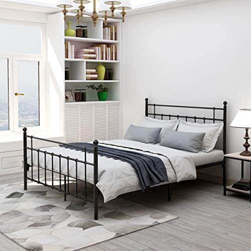 Victorian Vintage Style Platform Metal Bed Frame Foundation Headboard Footboard Heavy Duty Steel Slabs Queen Full Twin Vintage Black Finish 637 (Queen)