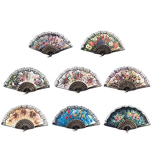 Huihuiyang 8 PCS Spanish Floral Folding Hand Fan Vintage Retro Pattern Fabric Fans