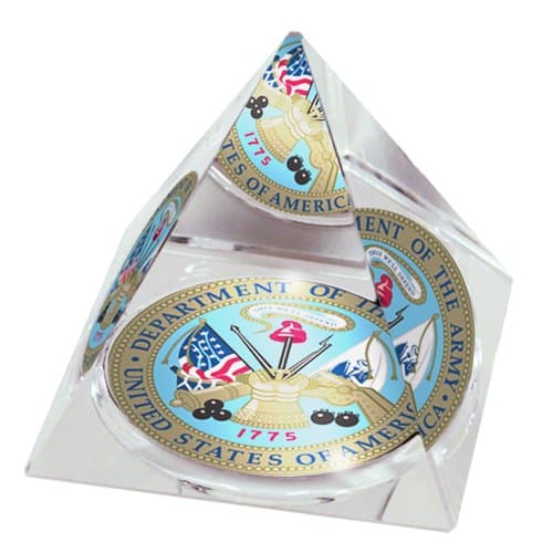 United States Army Logo, old Design, in 2" Crystal Pyramid with Colored Windowed Gift Box