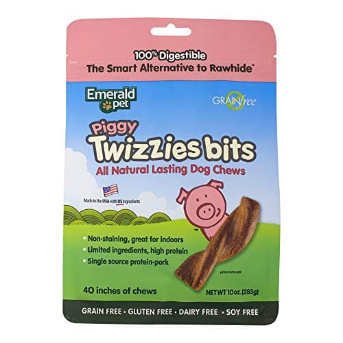 Emerald Pet - Dog Chews, Pork Chew Treats, Rawhide Free, All-Natural Mini Chew Sticks, Lasting Dog Treat, 100% Digestible, Grain-Free, Gluten-Free (Twizzie Bits Bag, 10 Ounce)