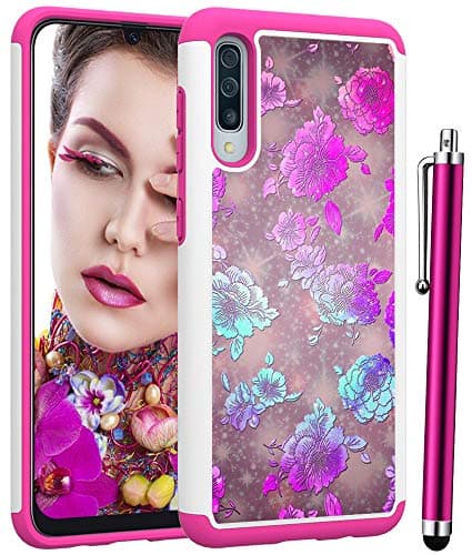 Voanice for Galaxy A50 Case, Shockproof Hybrid Heavy Duty Armor Protective Phone Case Hard PC & Soft Silicone Rugged Women Girls Dual Layer Protection Back Cover for Samsung Galaxy A50 -Pink Flower