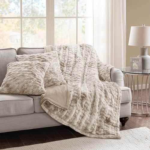 Comfort SpacesLuxurious & Fuzzy Soft Ruched Faux Fur Plush Throw Blanket Set with 2 Matching Square Pillow Covers, for Sofa,Chair, Couch, Living Room, Home Office, Tan Tie Dye 50"x 60"