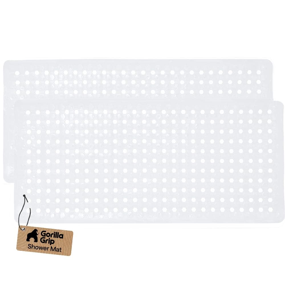 GORILLA GRIP Original Patented Bath, Shower, Tub Mat, 35x16, Machine Washable, Antibacterial, BPA, Latex, Phthalate Free, Bathtub Mats with Drain Holes and Suction Cups, Bathroom Mat, Pack of 2, White