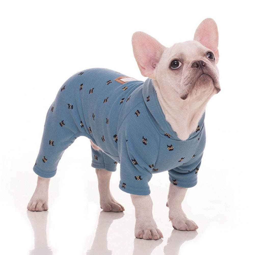 Stock Show Pet Clothes Small Dog Four Legs Clothes Bulldog Teddy Autumn Winter Soft Warm Velvet Pajamas Jumpsuits Cute Owl Printed Shirts Doggie Apparel Costume for Small Medium Dog Puppy, Blue