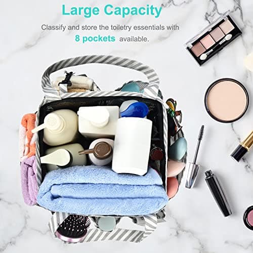 Haundry Mesh Shower Caddy Bag, Large College Dorm Bathroom Caddy Organizer with Key Hook and 2 Oxford Handles, 8 Basket Pockets, Portable Hanging Caddy Bag for Camping Gym