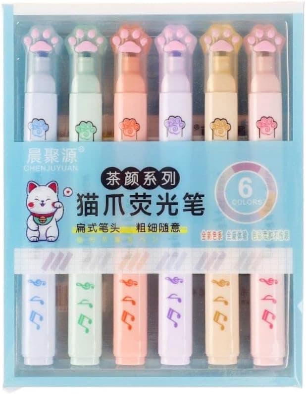 6Pcs Set Colour mixture Double Head Highlighters, Japanese Fluorescent Pen, Vintage Highlighter, Candy Color Graffiti Pen, Cat Paw Shape Points Marker Liquid Highlighters